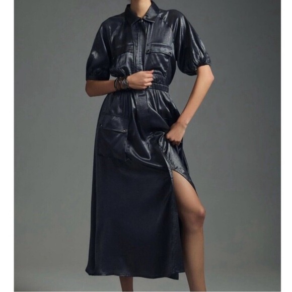 Anthropologie Dresses & Skirts - Anthropologie Samant Chauhan Utility Shirt Dress Metallic Slate Maxi Pocket-LP